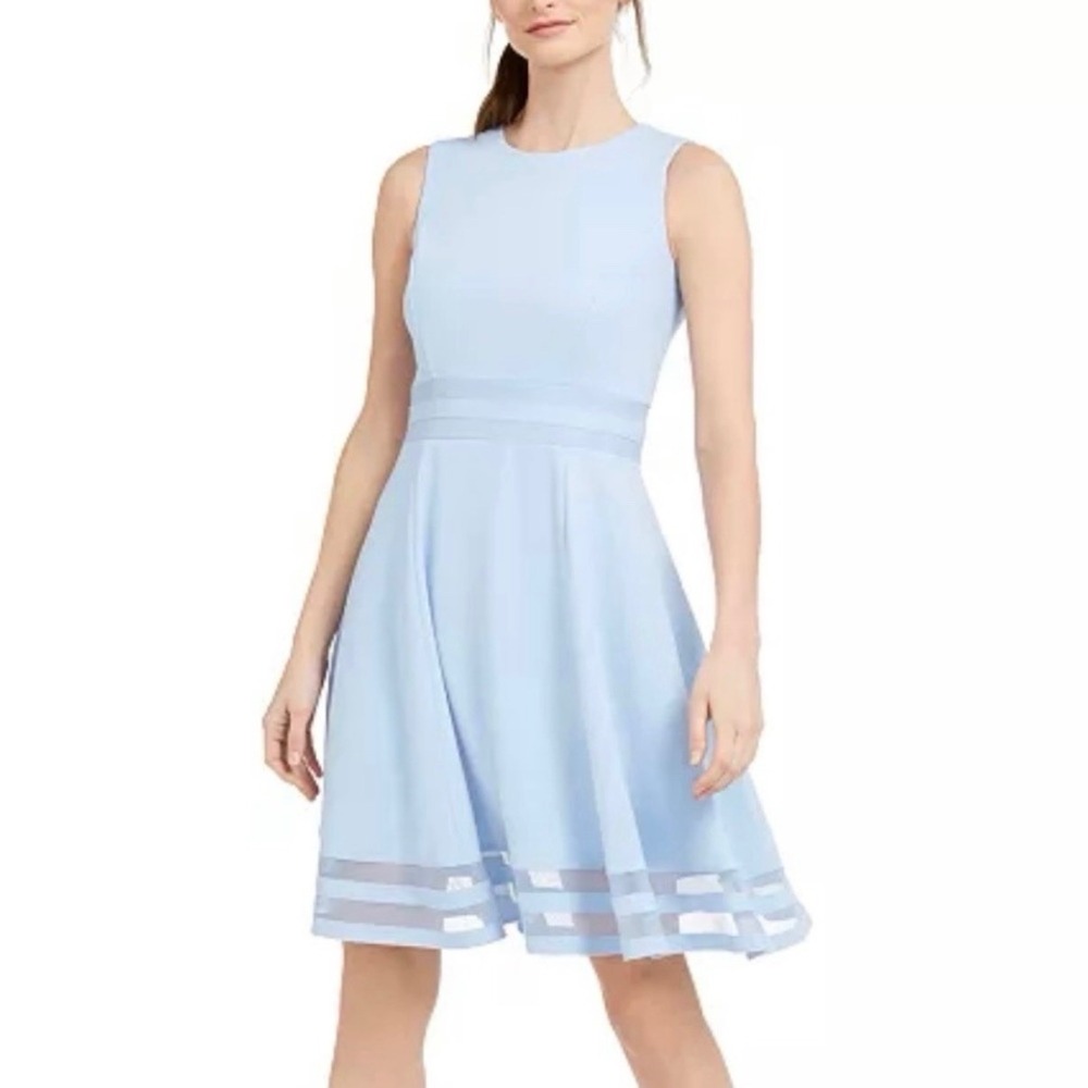 Calvin Klein Baby Blue Mesh Illusion Hem Fit Flare Stretch Sleeveless‎ Dress 12